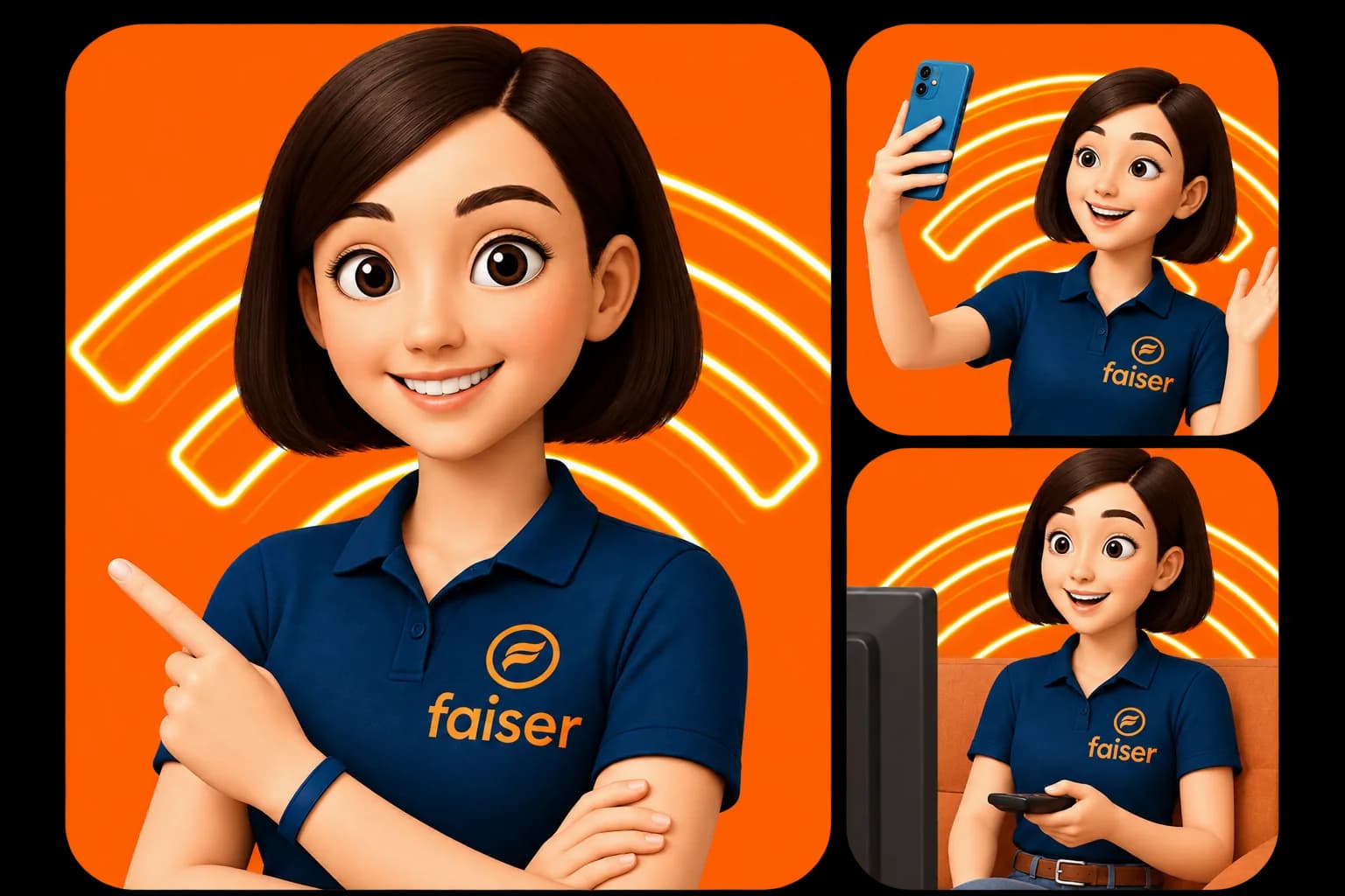Personagem da Faiser apresentando os serviços de internet
